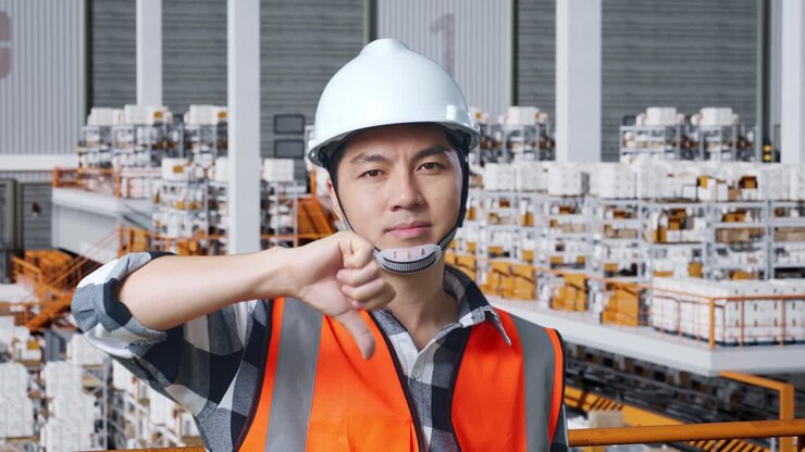 Close Up Of Asian Male Engineer With Safety Helmet Standing In The Warehouse With Shelves Full Of Delivery Goods. Showing Thumbs Down Gesture And Shaking His Head In The Storage