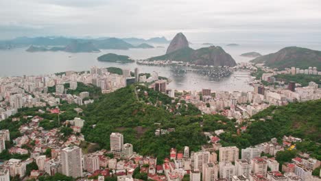 wide aerial establishing shot of rio de janeiro cityscape with sugarloaf mountain in guanabara bay