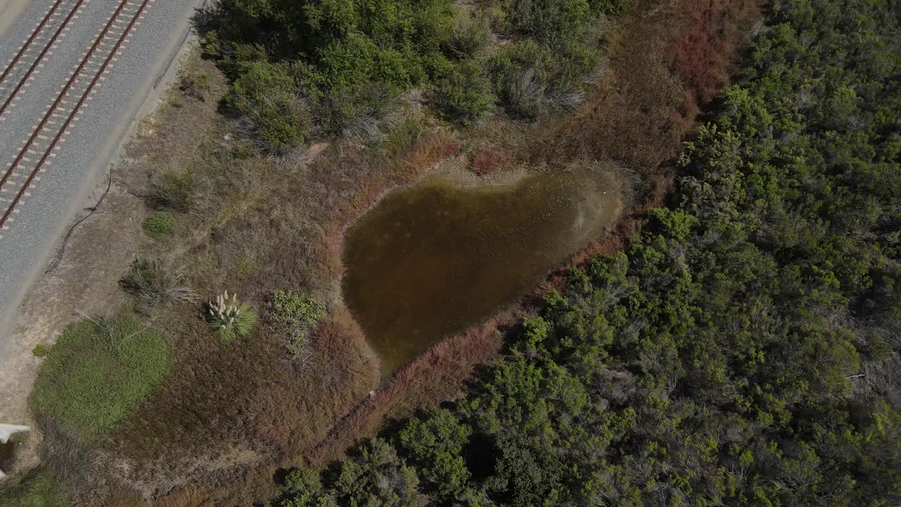 vista aérea de un pequeño estanque junto al sistema ferroviario de oceanside