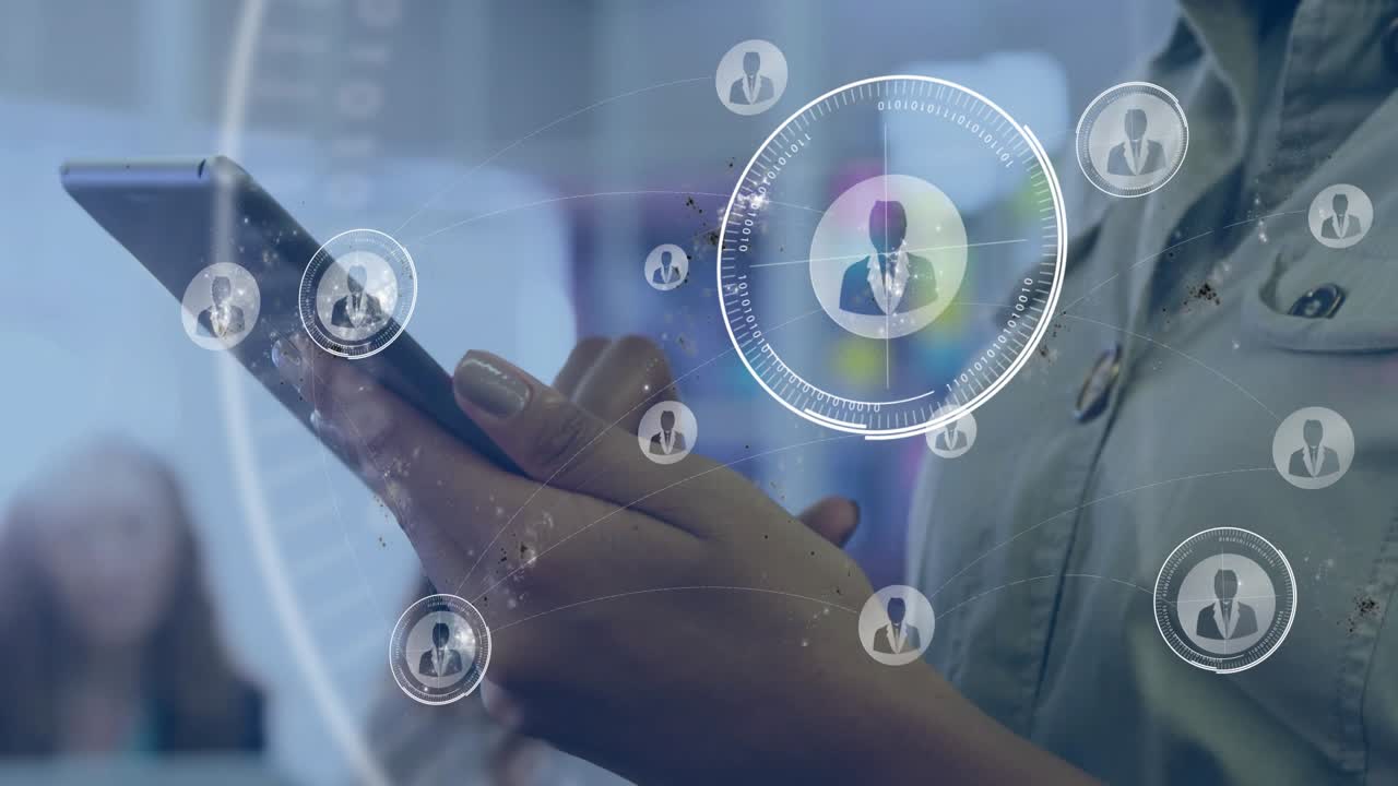 Woman's hands tapping smartphone and launching business network interface with rotating user icons