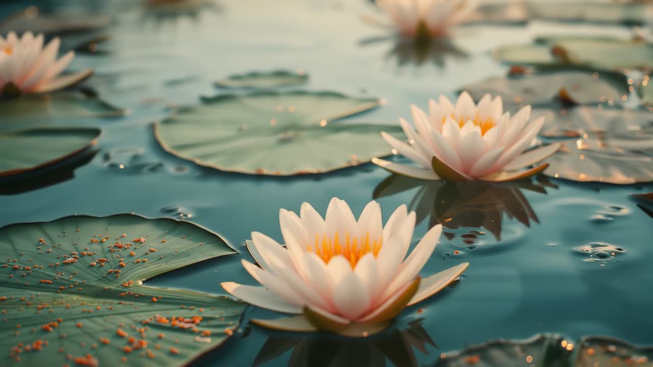 Stirring breeze propelling view drifting over pond, with water lily, lily pads, pollen
