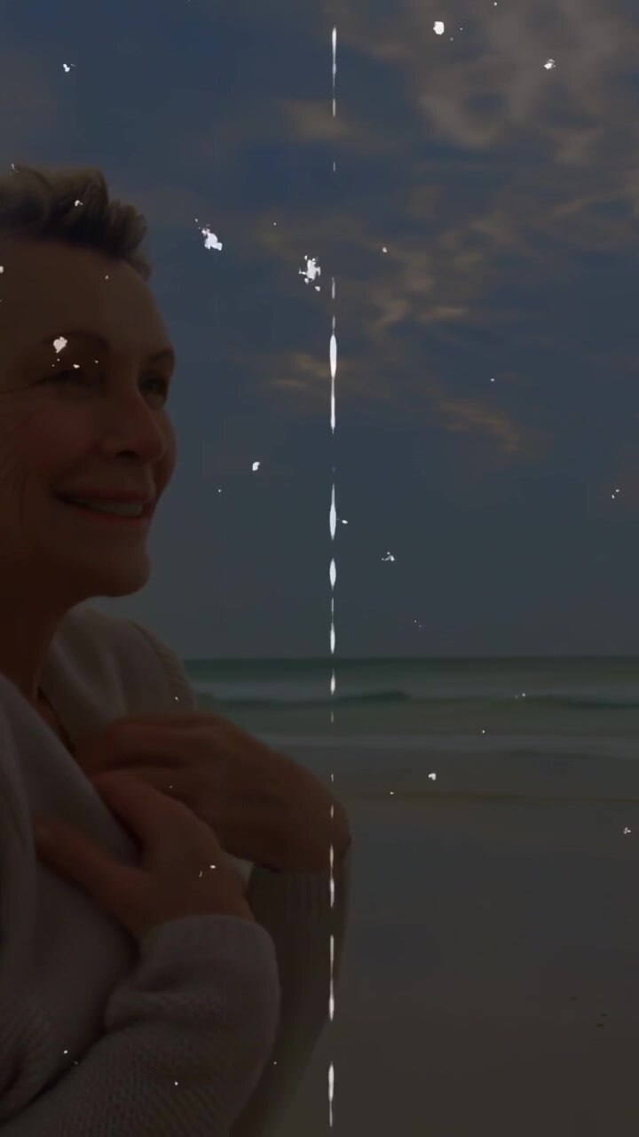 Vertical video: Senior woman raising hand, closing sweater, gazing horizon, film-grain evoking calm