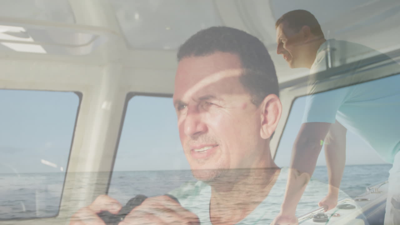 카우카스인 남자가  ⁇ 안경을 사용하여 카우카스인 남자가 항해하는 애니메이션