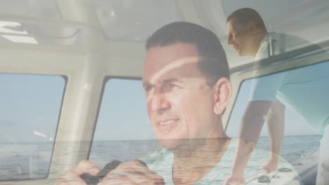 animación de un hombre caucásico usando binoculares sobre un hombre caucásico navegando