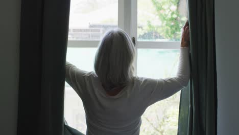 vista trasera de una mujer caucásica mayor en casa de pie en una ventana