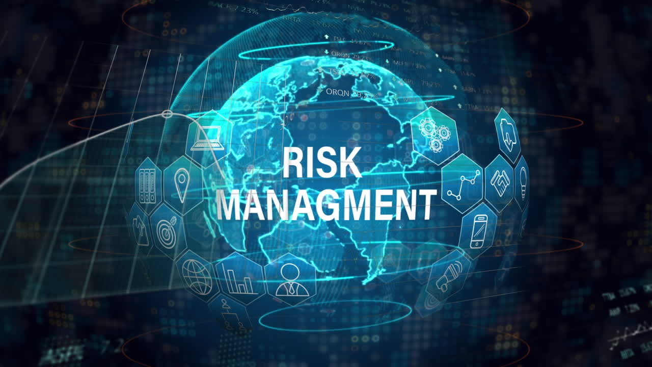 Animation of risk managment text over globe and data processing ...