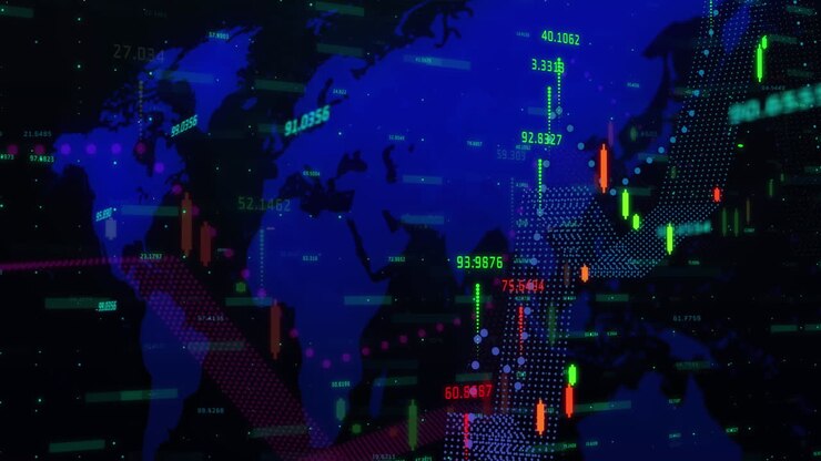 Animation of financial data processing over world map on black background