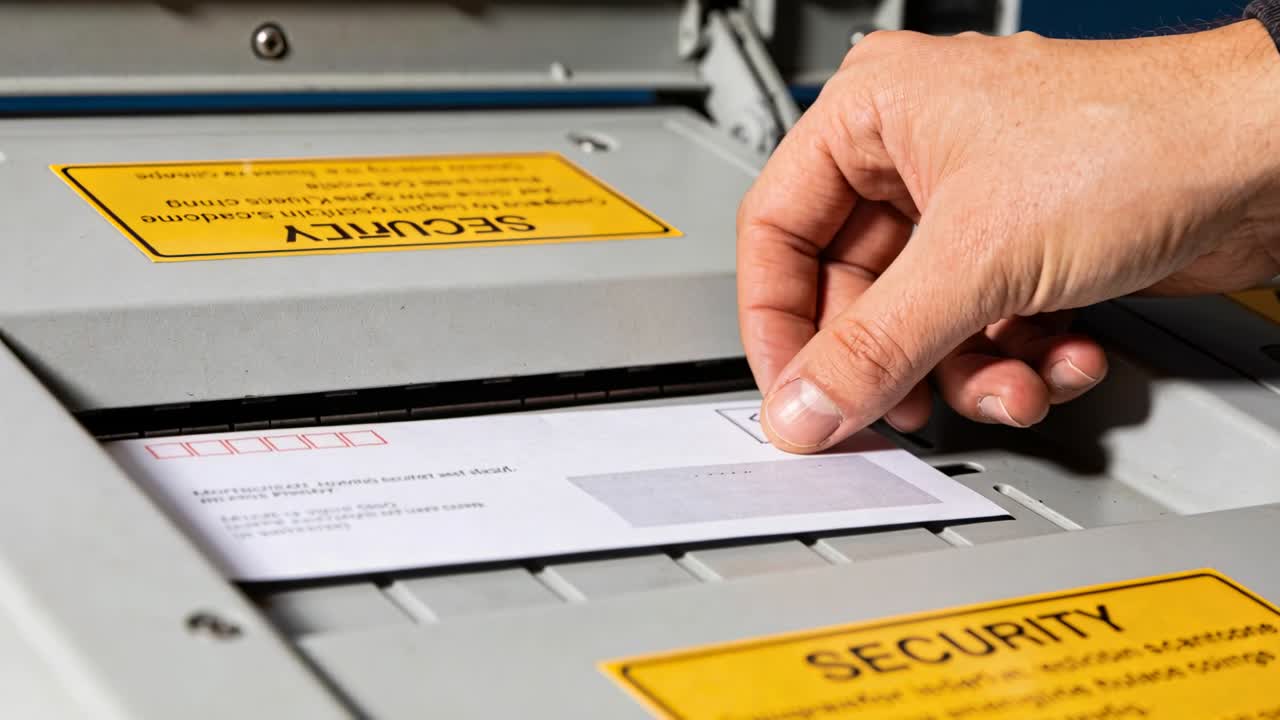 Entering from right, sliding sleeved hand dropping white envelope into secure slot for office drop