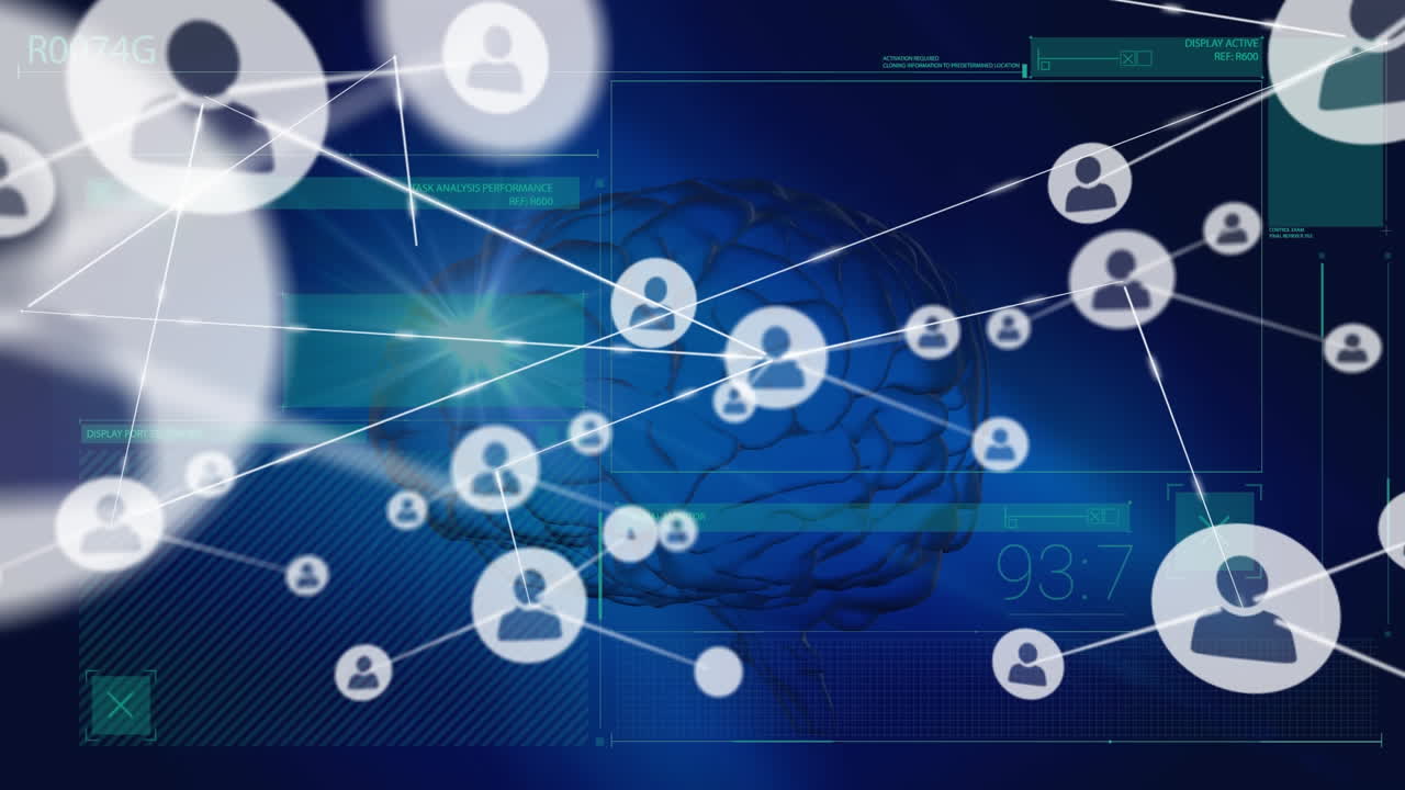 파란색 배경에 대한 인간의 뇌와 데이터 처리의 프로필 아이콘 네트워크의 애니메이션