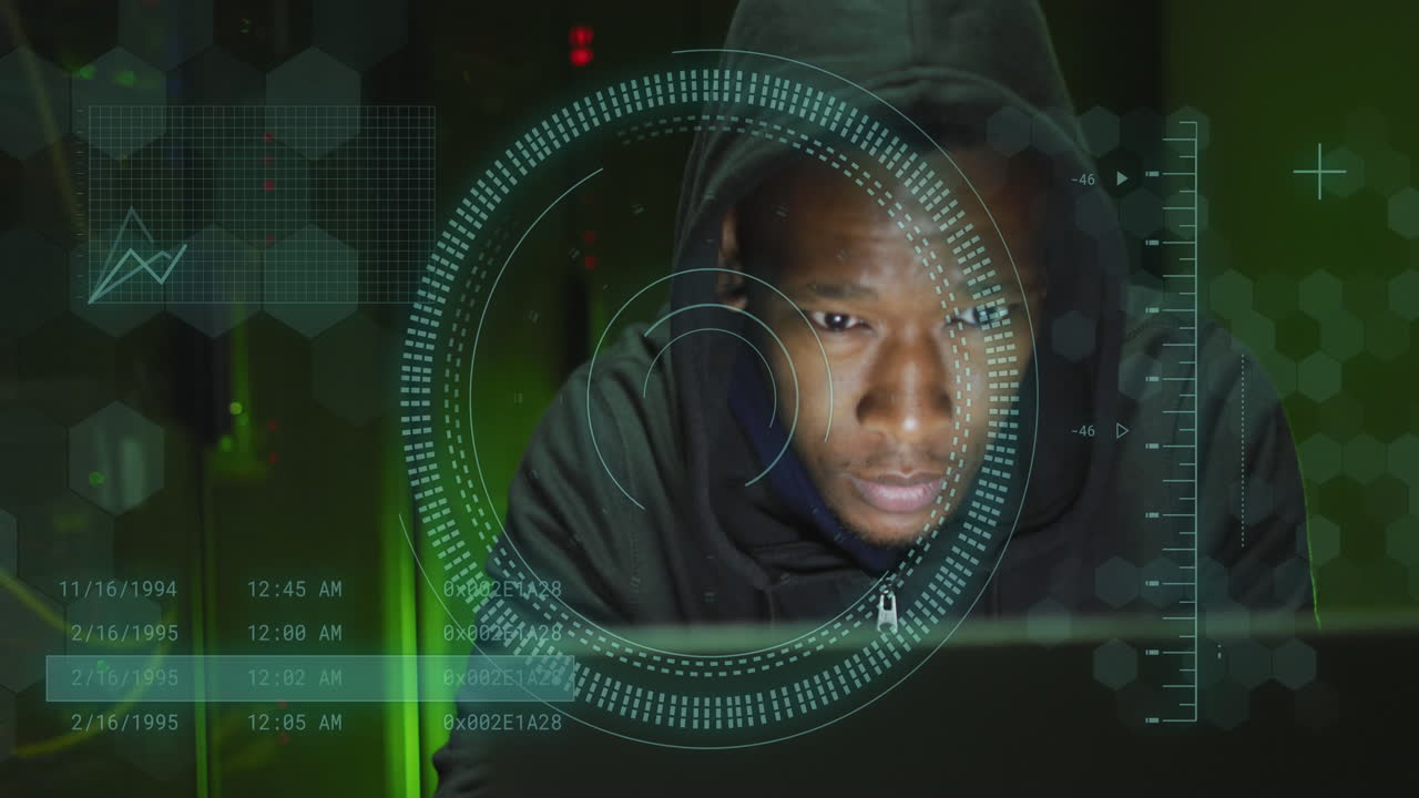 Animation of data processing over african american male hacker in server room