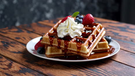 delicious waffles with berries, whipped cream, and syrup