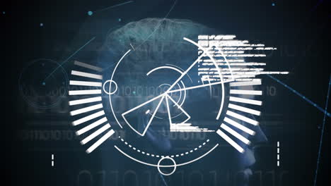 animación de escáner redondo, procesamiento de datos y senderos de luz azul contra el icono de la cabeza humana