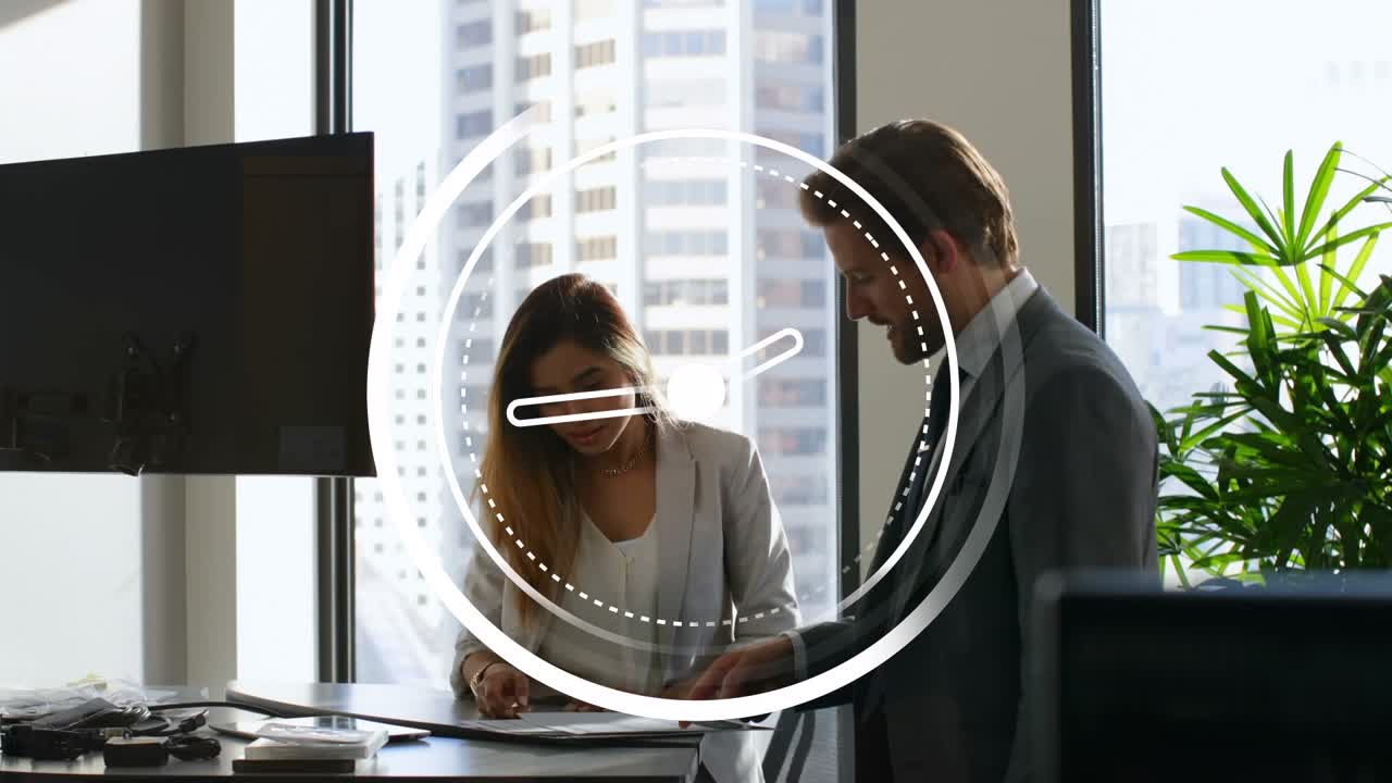 Animation of clock moving over diverse female and male coworkers in office