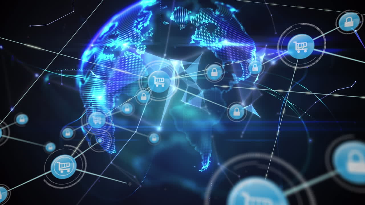 Animation of network of padlock and shopping cart icons transferring data over glowing globe