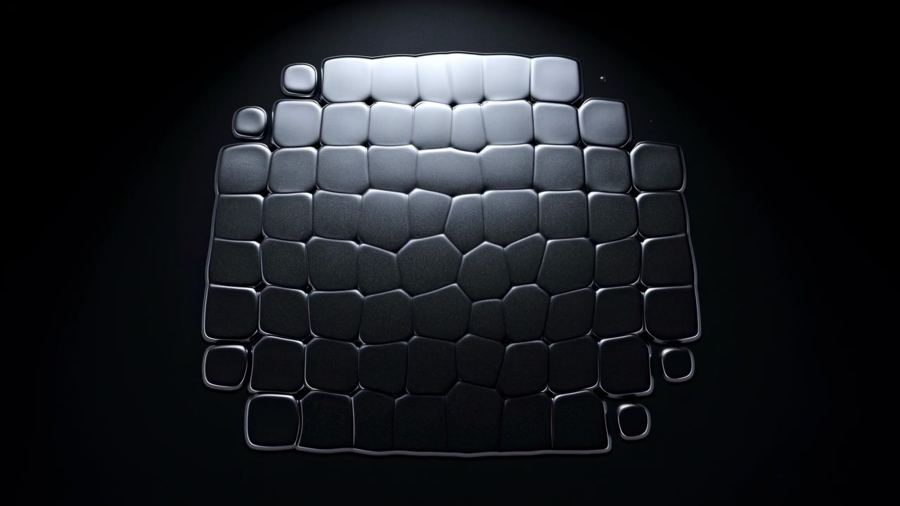 Rounded charcoal tiles gradually expand and organize into wider grid, forming dense rectangular mosaic under soft overhead light with metallic edging, subtle texture, and deep black surroundings.