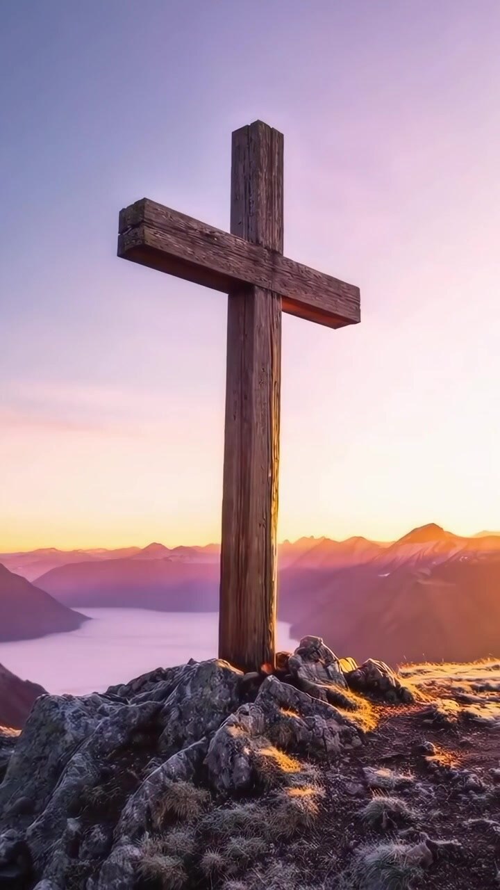 Croce di legno eretta sulla vetta di una montagna all'alba