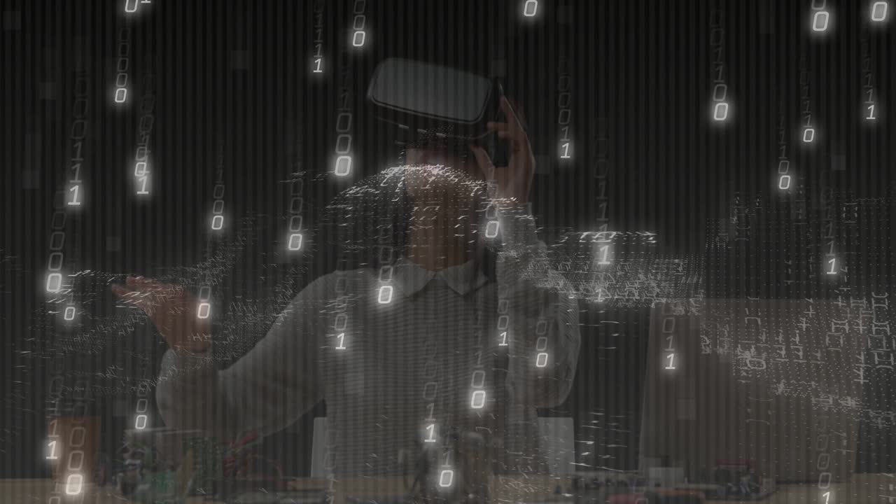 woman developer wearing VR headset interacting at tech desk with cables and floating binary streams