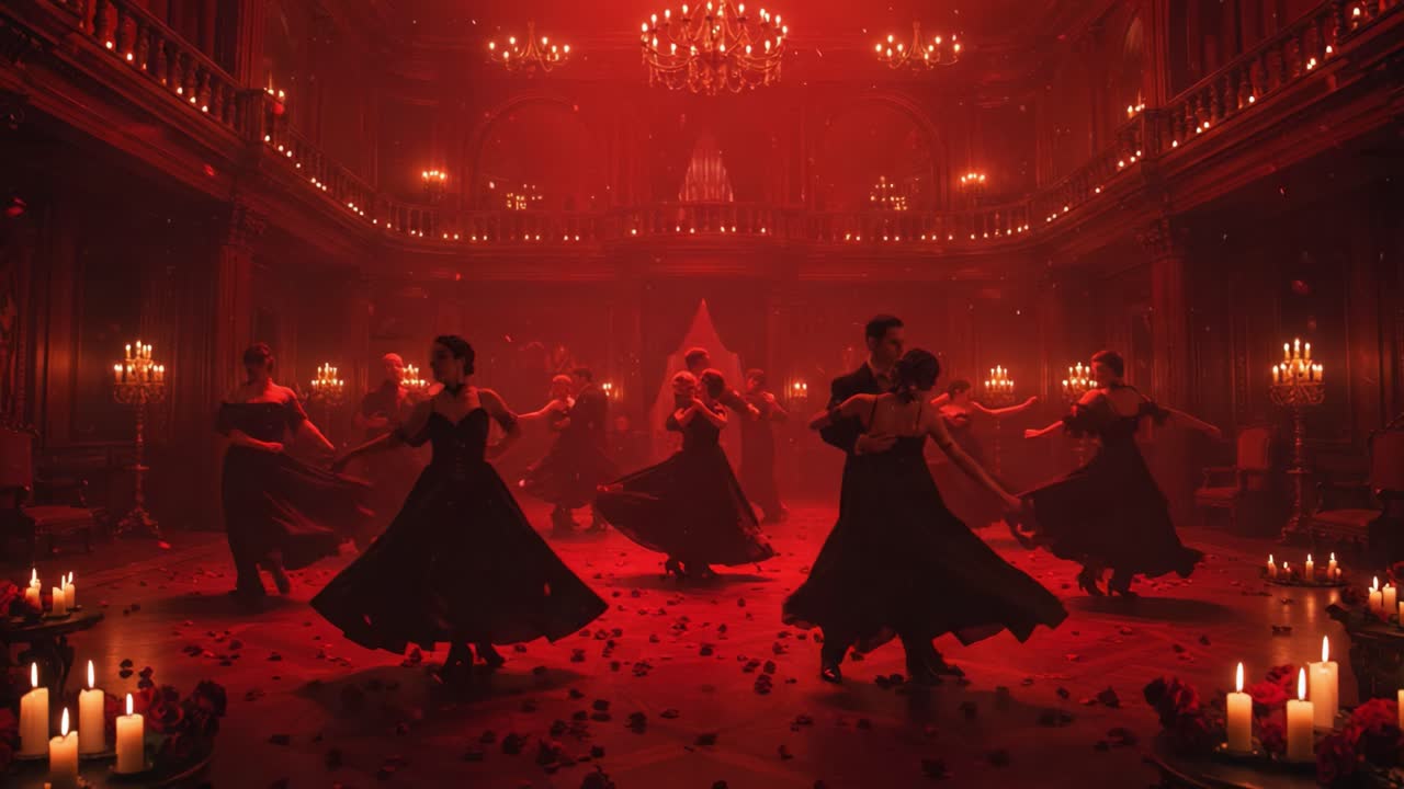 A Captivating Dance Performance in a Candlelit Ballroom: Elegance, Grace, and Emotion Amidst a Surreal Red Ambiance and Lush Petals