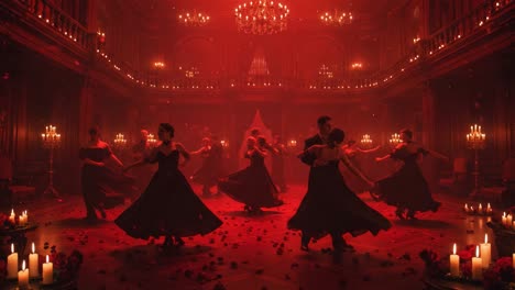 a captivating dance performance in a candlelit ballroom: elegance, grace, and emotion amidst a surreal red ambiance and lush petals