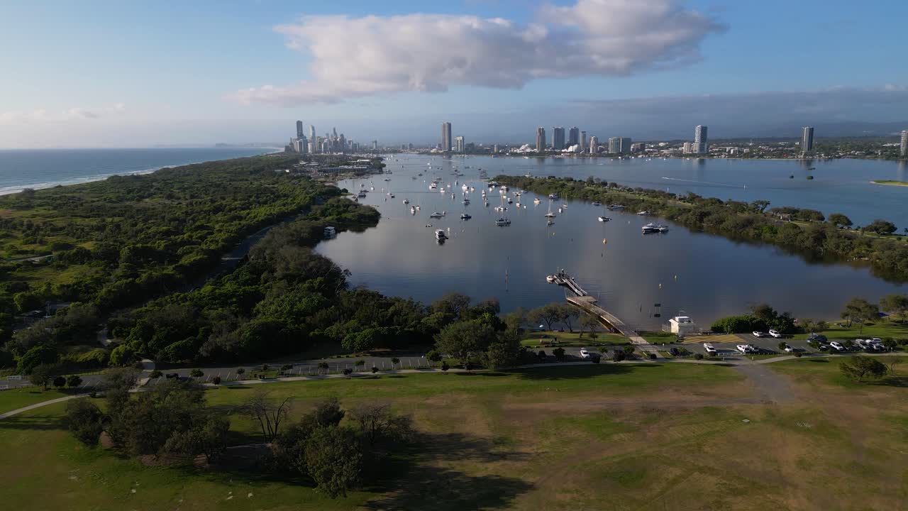 Aerial View over Doug Jennings Park looking South towards Surfers Paradise, Gold Coast, Australia.