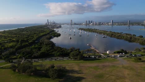 aerial view over doug jennings park looking south towards surfers paradise, gold coast, australia.