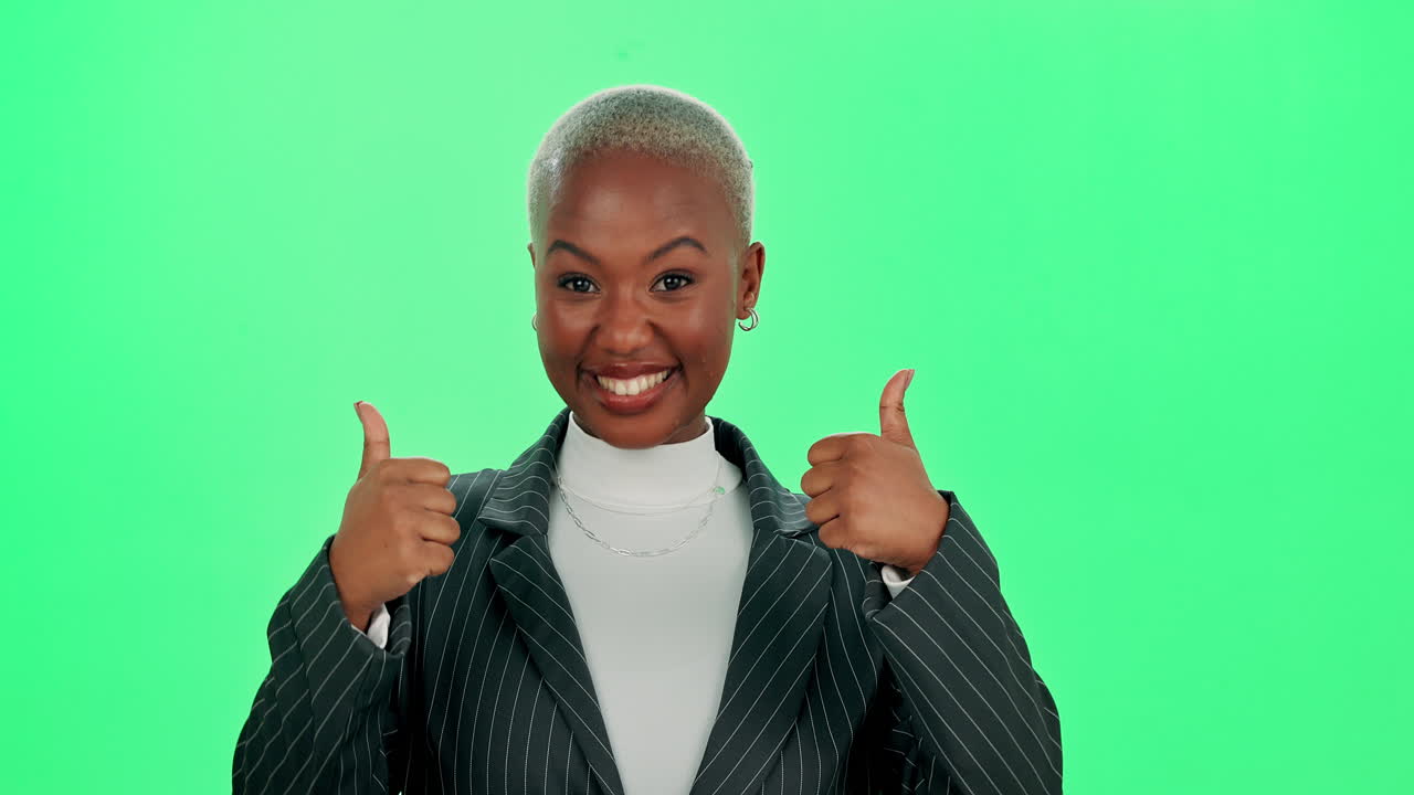 A cheerful businesswoman gives two thumbs up on a green screen background