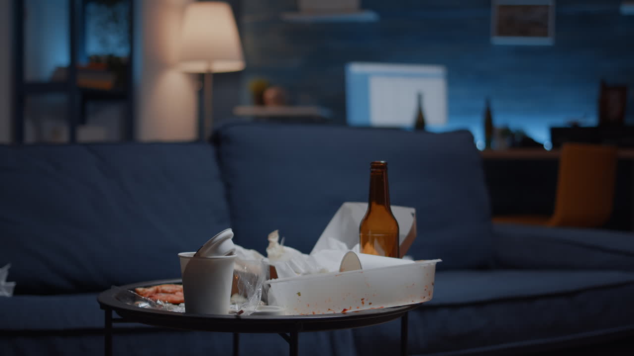 Messy empty living room of depressed person with scattered food mess