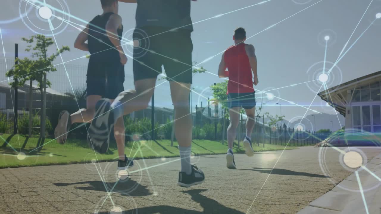 Piede del corridore che entra nel percorso, attivando una sovrapposizione di rete biometrica e collegando sei corridori in formazione.