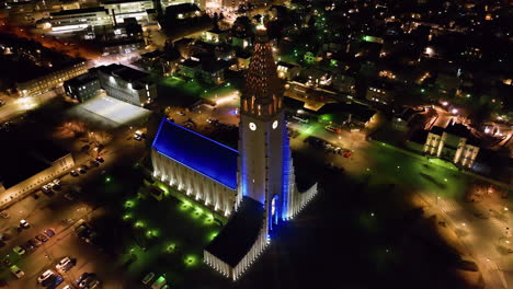 aerial view around the illuminated hallgrimskirkja church of reykjavik, night in iceland