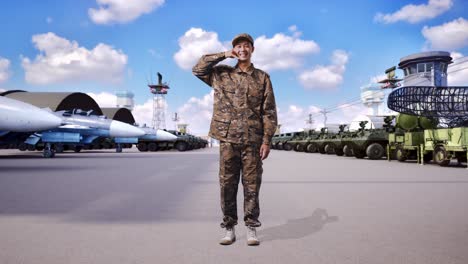 full body of asian man soldier smiling and making call me gesture to camera while standing at military camp