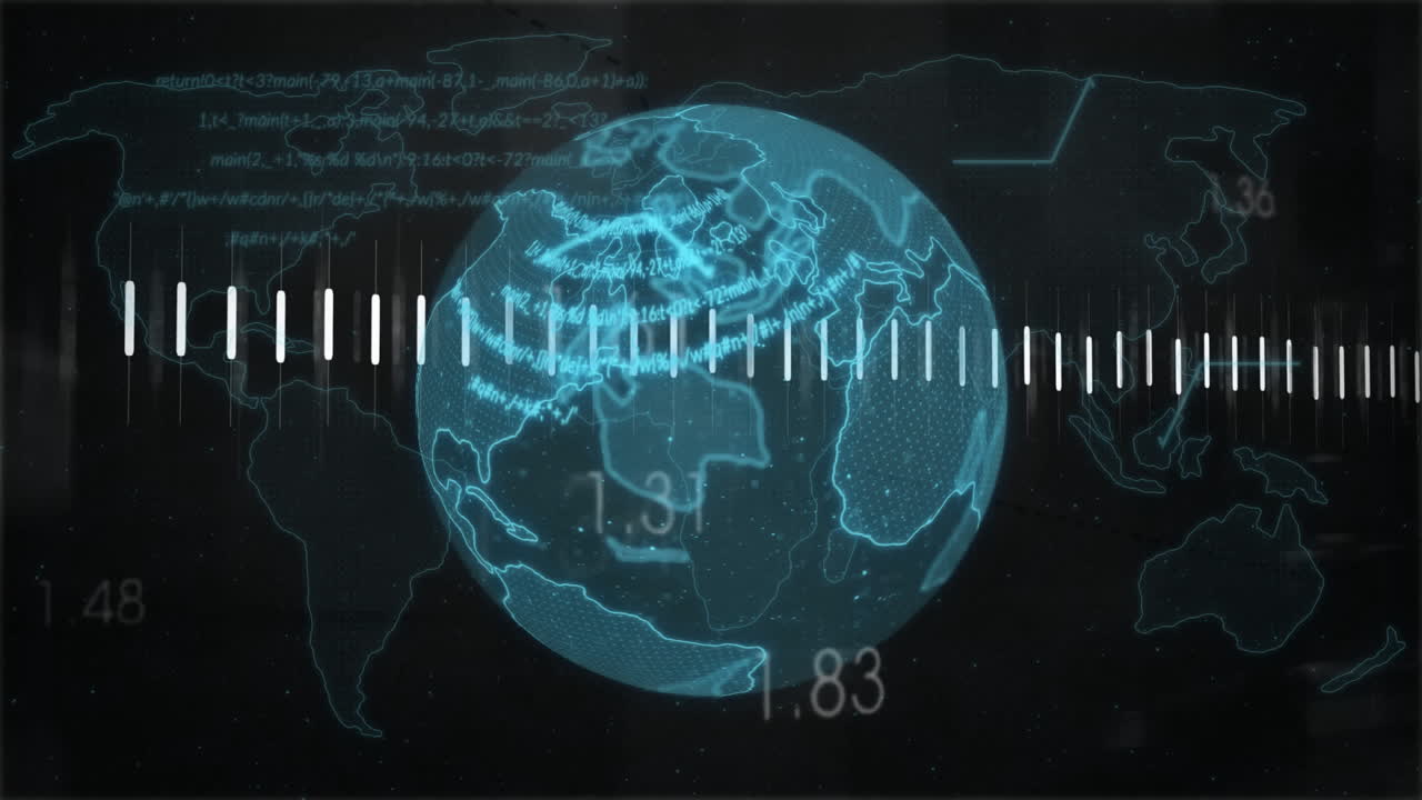 Glowing globe with data and sound wave animation over world map background