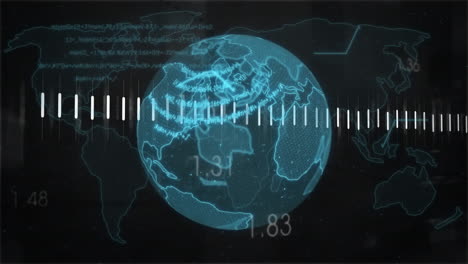 Glowing-globe-with-data-and-sound-wave-animation-over-world-map-background