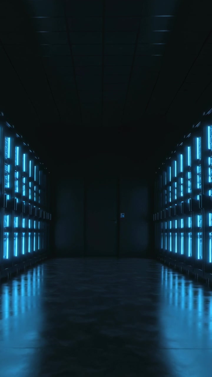 Vertikal video: Pulserende LED-racks flimrer og kaster en cyan glød på et skinnende gulv med et dør-tastatur.