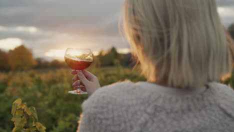 Vista-Trasera:-Una-Mujer-Con-Una-Copa-De-Vino-Tinto-En-La-Mano-Se-Alza-Sobre-El-Fondo-De-Un-Viñedo-Donde-El-Sol-Se-Pone-Maravillosamente