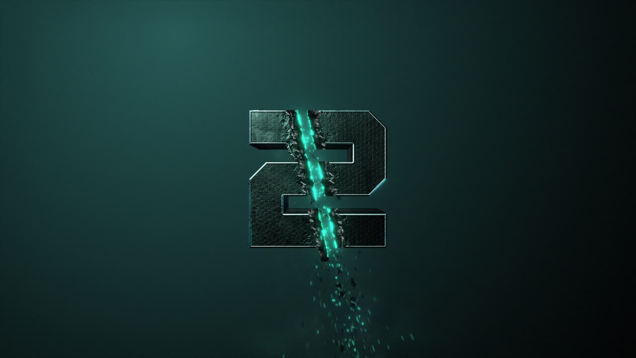 High quality 3D animated number Title Card or Chapter graphic, with hi tech sci-fi style 2 digit being zapped and sliced by a high powered laser, on a teal background
