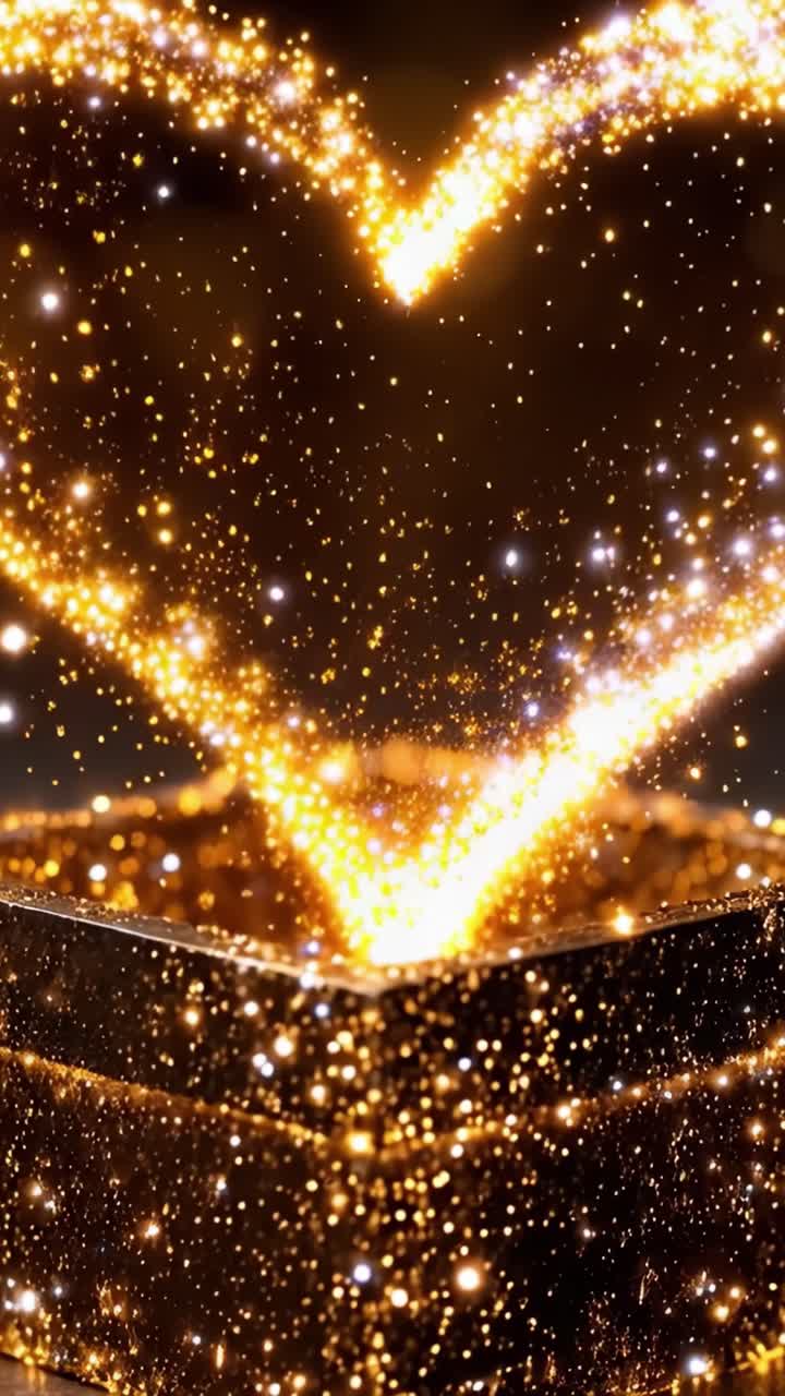 Una scatola regalo magica e scintillante che rivela un cuore di luce tremolante e polvere luccicante, catturando l'immaginazione con il suo bagliore radioso e il suo incanto.