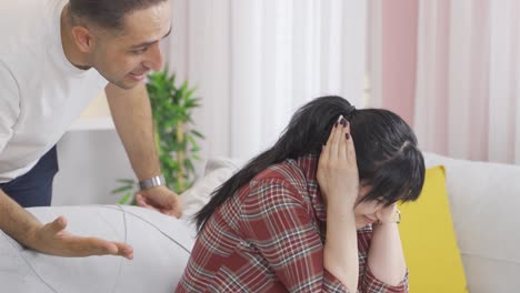 The woman is angry with her husband&#039;s mistake. He tries to find out why.