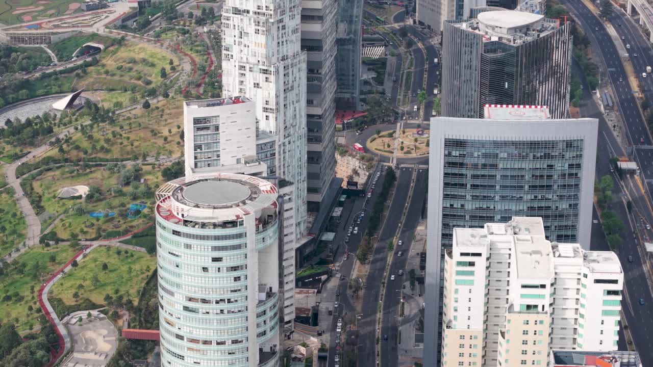 Aerial panorama of the Santa Fe skyscraper area, Cuajimalpa, Mexico City
