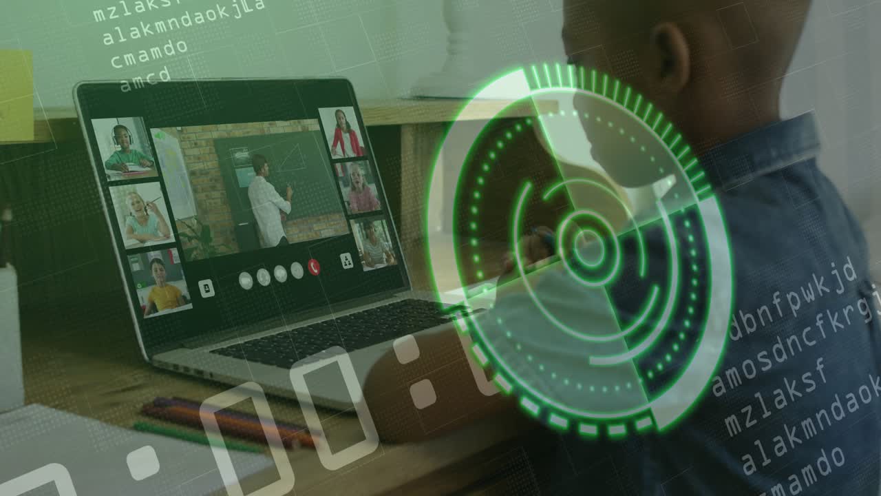 Boy clicking laptop joining remote class, studying while HUD overlay pulsing counter incrementing
