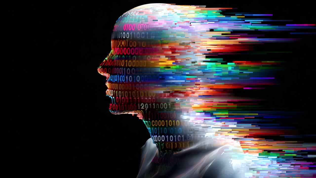 A mesmerizing profile view showcases a digital head filled with vibrant colors and binary code, illustrating the dynamic interplay between technology and human thought in a futuristic tableau
