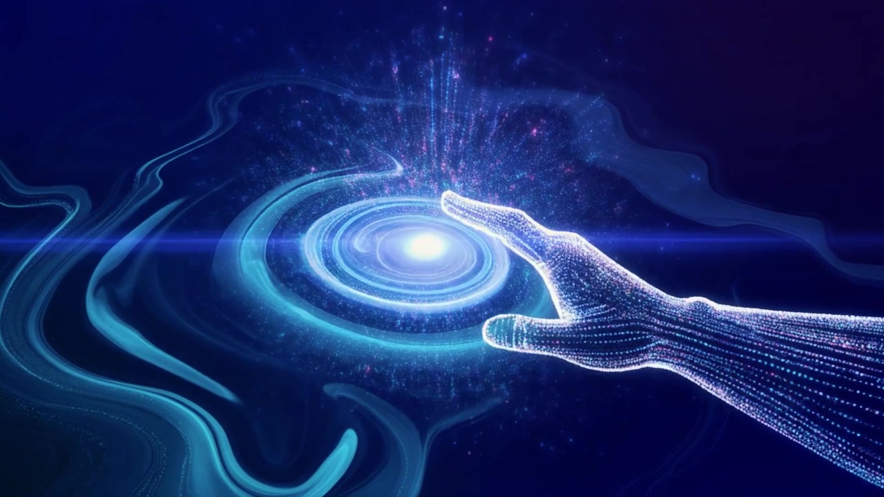 Digital Wireframe Hand Touching Glowing Abstract Energy Vortex