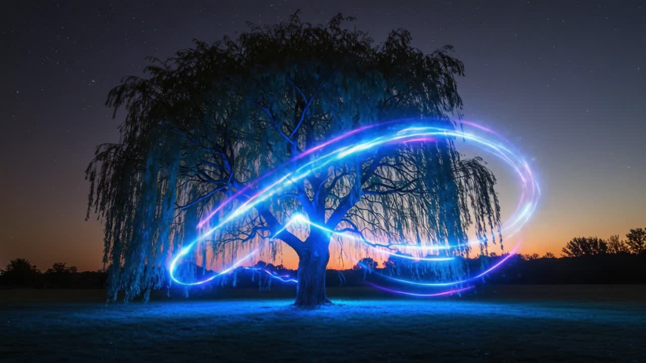 Captivating Nighttime Display: Enchanting Willow Tree with Illuminated Light Trails Casting a Magical Glow in the Twilight Sky