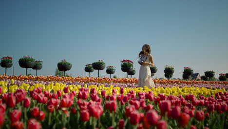 chica riendo con la cámara corriendo en el campo de tulipanes. mujer caminando entre las flores.