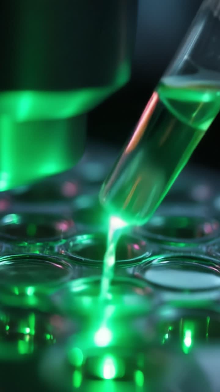 Detailed Close-Up of Liquid Transfer in Laboratory Using a Micro Pipette Amidst Illuminated Test Tubes and Green Light for Scientific Research and Experiments