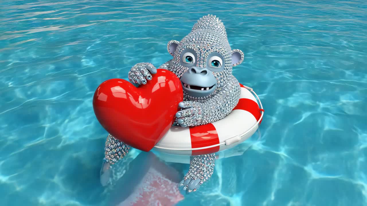 Cartoon Gorilla in Water with Heart