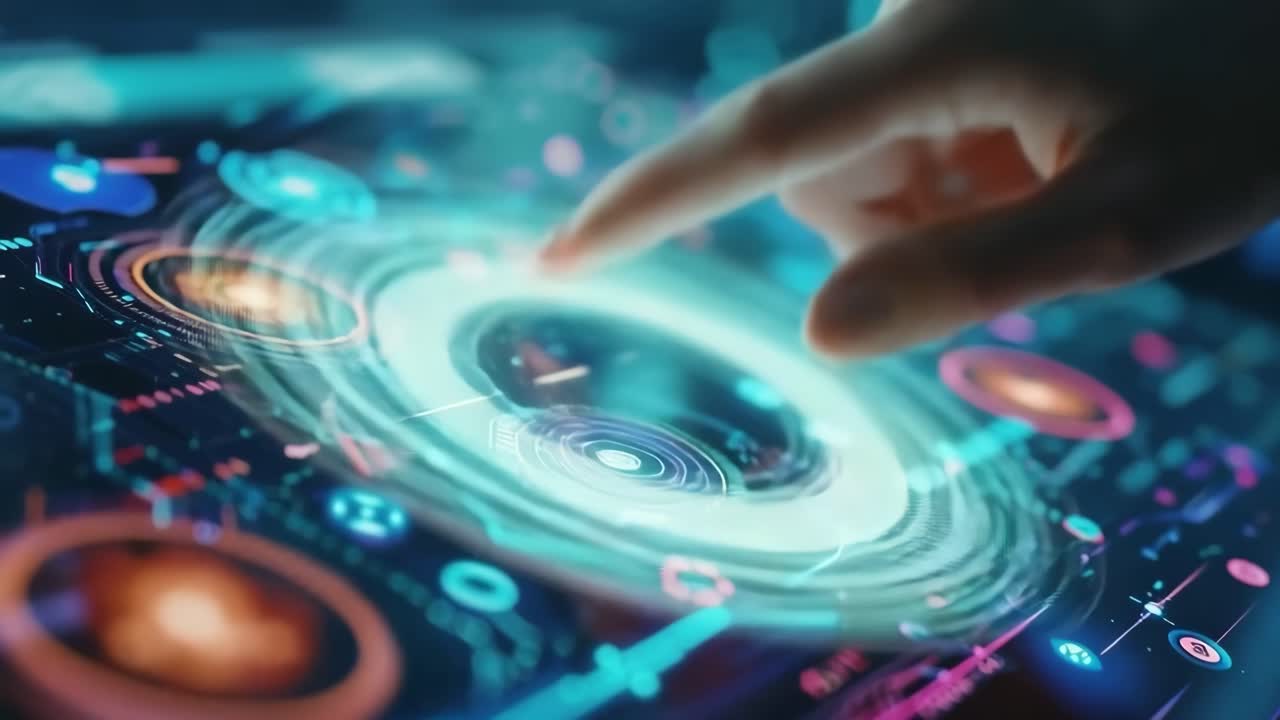 Futuristic video concept with a close-up angle of a hand interacting with a digital interface