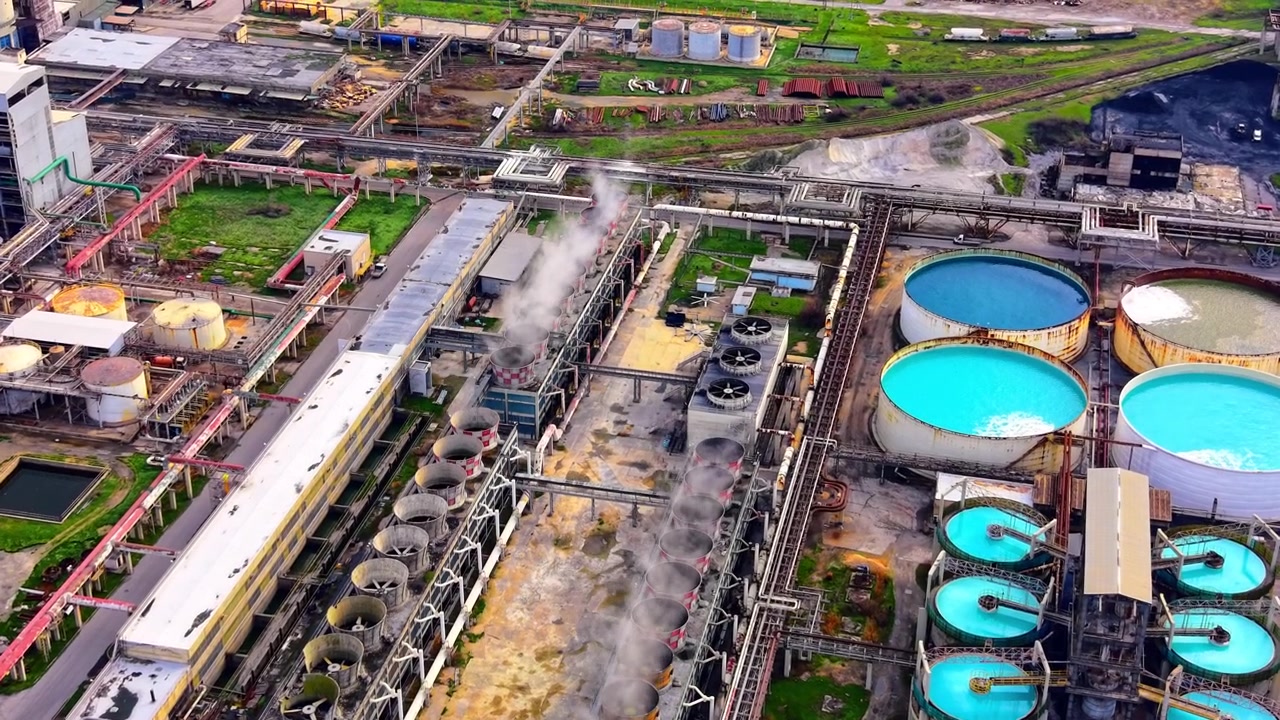 Cooling towers and water tanks at a factory, Varna, Bulgaria. Aerial perspective showing steam emitting from vents, bright blue liquid pools and industrial pipelines.