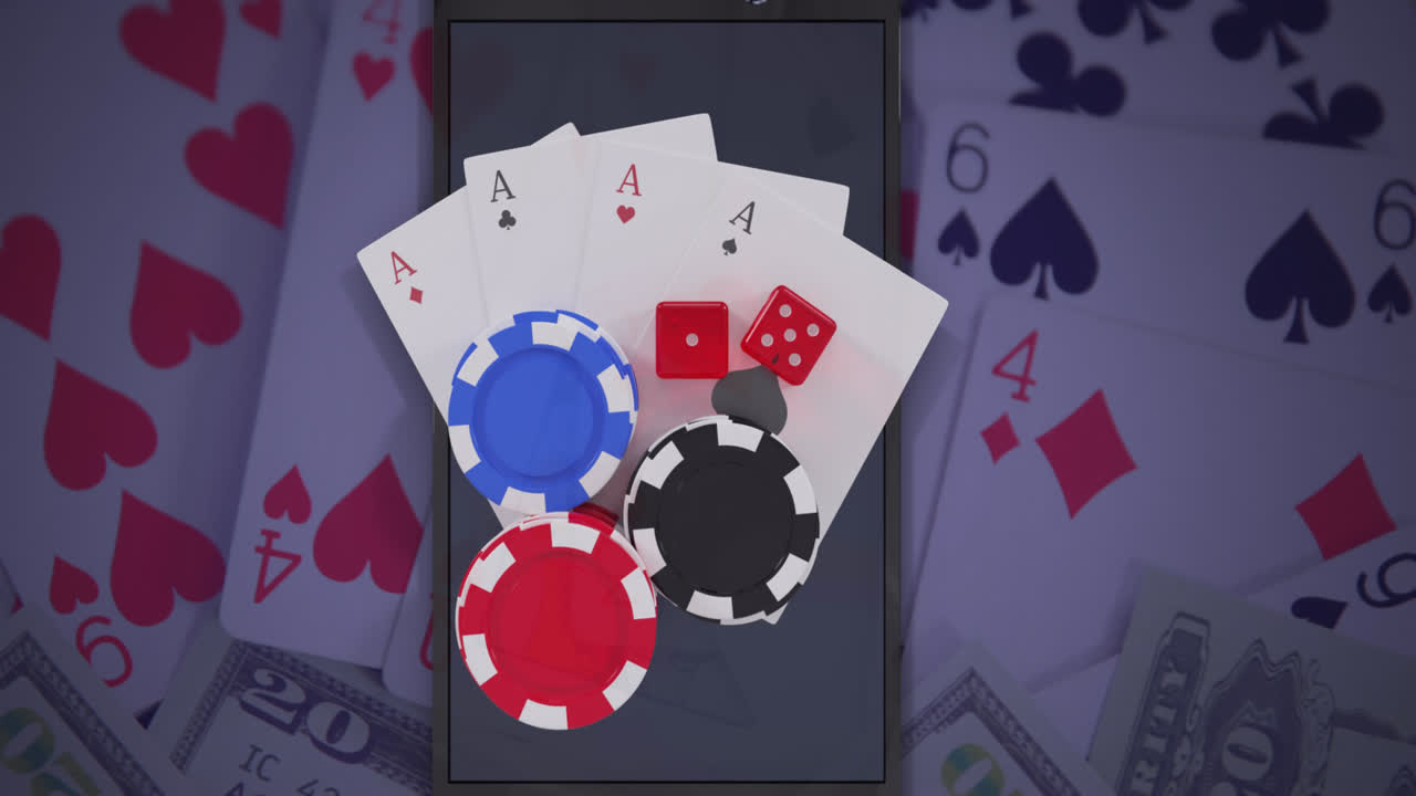 animación de fichas de casino, dados y cartas de juego a través de un teléfono inteligente