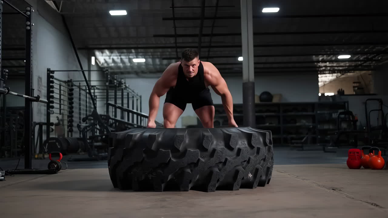 Man performing a tire flip exercise in a gym