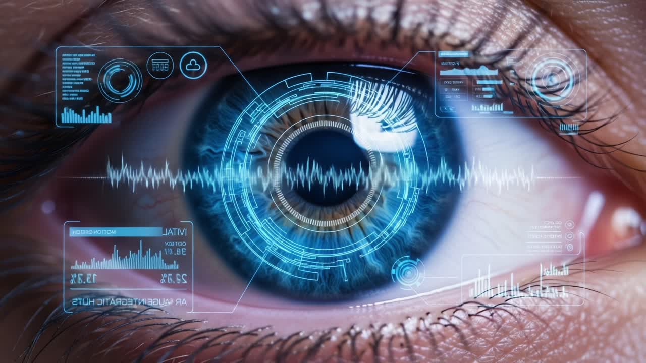 Exploration of Advanced Visual Technologies: A Close-Up View of an Eye Integrated with Digital Interfaces and Data Analytics for Enhanced Perception